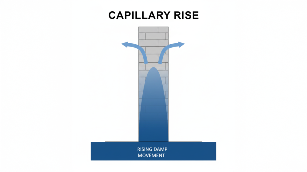 Capillary rise causing rising damp in walls