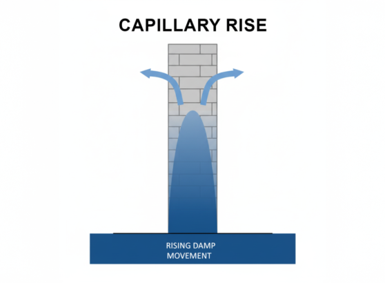 Capillary rise causing rising damp in walls