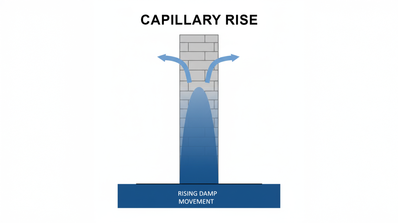 Capillary rise causing rising damp in walls