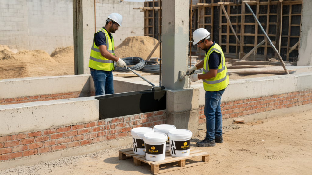 Workers applying waterproofing coating on foundation wall to prevent rising damp and moisture damage during construction
