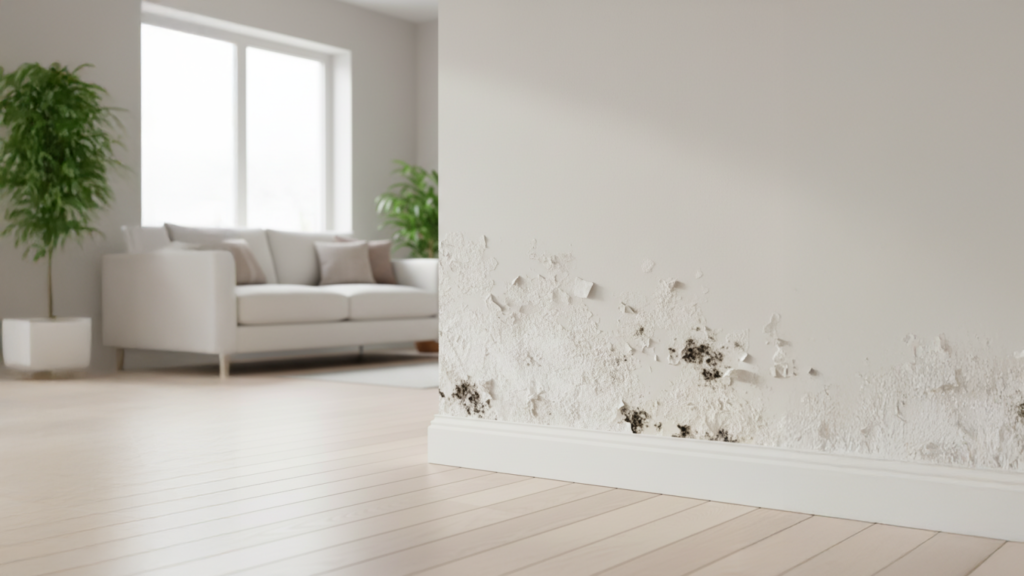 Rising damp damage on interior wall with peeling paint and mold caused by moisture in building walls